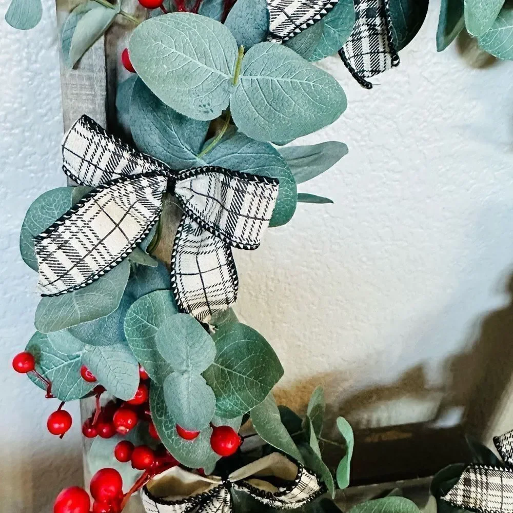 Rustic Wooden Open Frame Holiday Christmas Eucalyptus Wall Wreath Decor